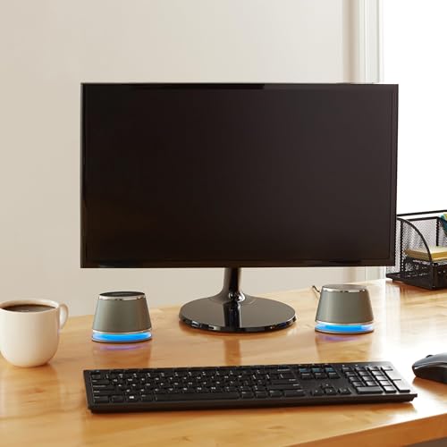Image of Amazon Basics Stereo 2.0 Computer Speakers with LED Lights for PC, Laptop or Desktop, Volume Control, 3.5mm Aux Input, USB-Powered, Silver, 1 Pair