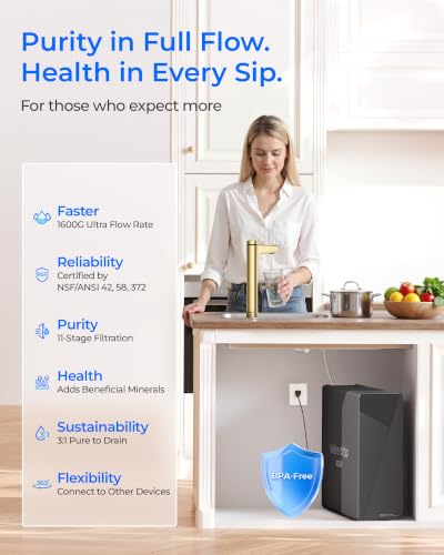 Image of Waterdrop X16-BAJ Alkaline Mineral Reverse Osmosis System, 1600 GPD | NSF /ANSI 42 & 58 & 372 Certified, 11-Stage Filtration, Under-Sink RO System, 3:1 Pure to Drain, Smart Gold Faucet, BPA-Free