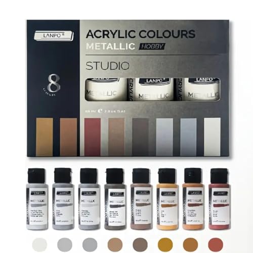 Image of 8 Metallic Acrylic Paint Set (60ml Each) | Rich Shimmer Artist Colours | Non-Toxic, Lightfast & Fast Drying Acrylic Paints for Canvas, Wood, Ceramic, Fabric, Metal, Rock Painting, DIY Art & Craft (Metalic Acrylic Paint 8 Piece Set)