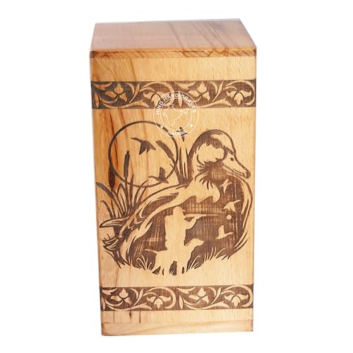 Image of Handcrafted Floral Engraved Wooden Urns for Human Ashes Adult Large - Cremation Urn for Ashes - Burial Urn for Columbarium - Funeral Urn Box (Duck, 250 LB - Beechwood)