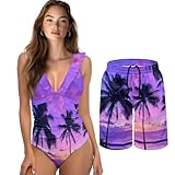 Dngkaoje Matching Hawaiian Outfits for Couples Swimsuits Matching Set Purple Hawaiian Swim Trunks Mens Big and Tall Board Shorts for Men Swim Summer Vacation Shorts Ropa De BañO Hombre L