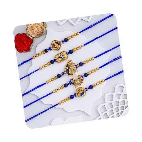 Image of eCraftIndia Set of 5 Blue & Golden Religious Designer Rakhis for Brother Bhabhi Bhaiya Bhai Kids