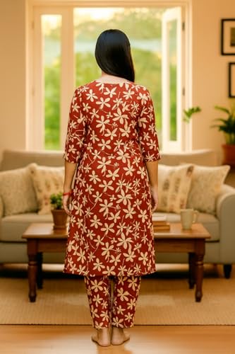 Image of Vlazom Women's 3-Piece Cotton Cord Set with Matching Bag | Floral Printed Co-Ord Set with Kurta Top & Pants | Ethnic Cotton Coord for Women