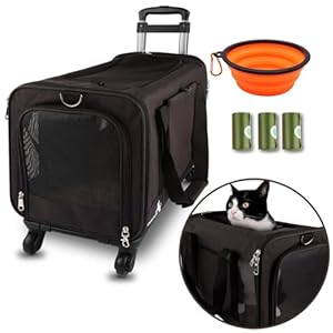 Travel Pet Carrier with 360° Swivel Wheels – Small Dog – Soft Cat Carrier with Wheels – Foldable Aluminum Trolley – Locking Zippers – Fuzzy Mat – Breathable – TSA Approved -1 Bowl – 3 Poop Bags