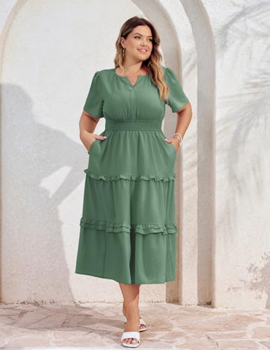 Image of Hanna Nikole Women's Plus Size Summer Casual Dress 2025 V Neck Empire Waist Tiered Flowy Beach Vacation Dress with Pockets