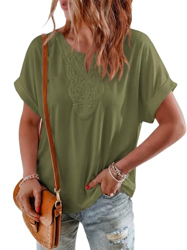 PRETTYGARDEN Summer Cute V Neck Going Out Tops Casual Loose Fit Rolled Short Sleeve Shirts for Women Trendy Fashion Clothes (Army Green, XX-Large)