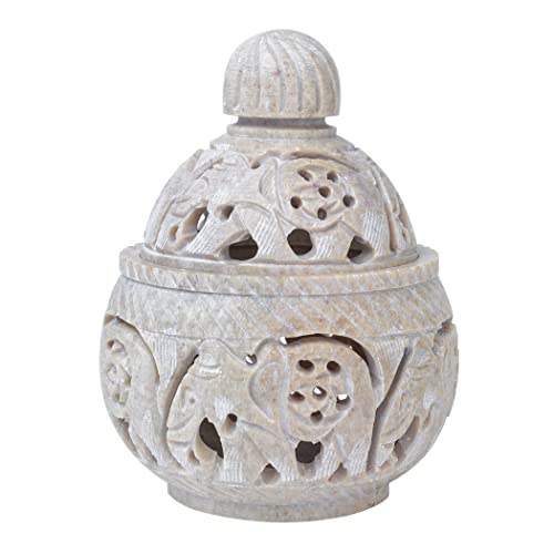 Crocon Soapstone Tea Light Holder For Home Living Room Decor Handmade Floral Elephant Tealight Stand With Lid Vintage Hand Crafted Stone Candle Holders Table Decoration Best Gift Size : 3X3 Inch #TOP6