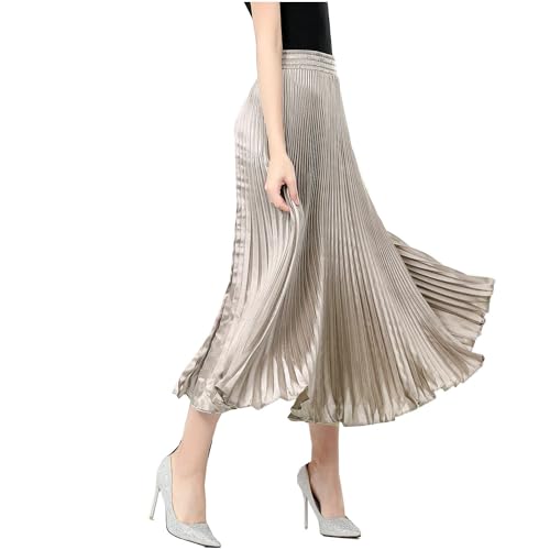 TONCHENGSD Women's Satin Metallic Pleated Accordion Long Maxi Skirt