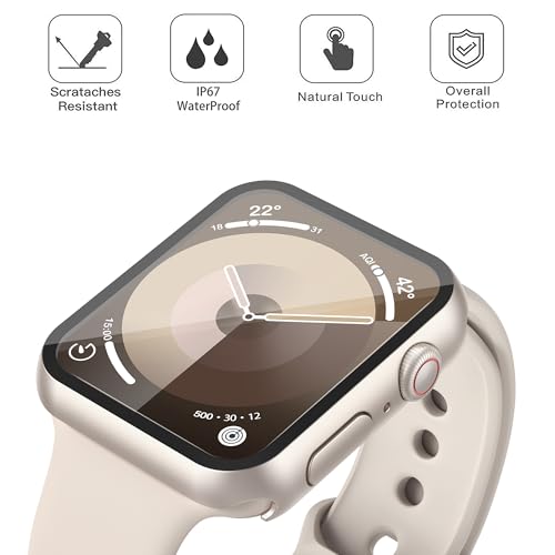 Image of Misxi [2 Pack Waterproof Anti-Scratch Case with Button for Apple Watch Series 9 Series 8 Series 7 41mm, Hard PC Cover with Tempered Glass Screen Protector for iWatch, Starlight