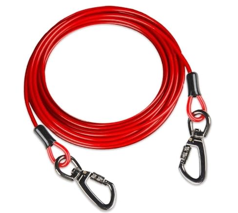 Tofeer 30FT Red Heavy Duty Dog Tie Out Cable - 500LBS Tensile, Swivel Hook & Shock Spring for Small to Medium Pets