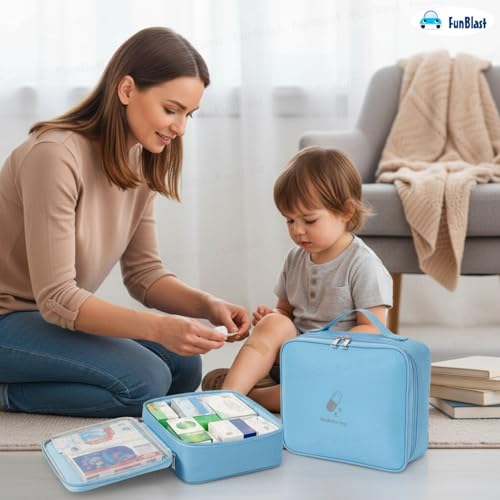 Image of FunBlast Travel First Aid Bag - Medical Portable Medicine Storage Bag, Waterproof Pill Organizer with Mesh Pocket, Zippered Medicines Bag for School, Travel, Camping (Blue)