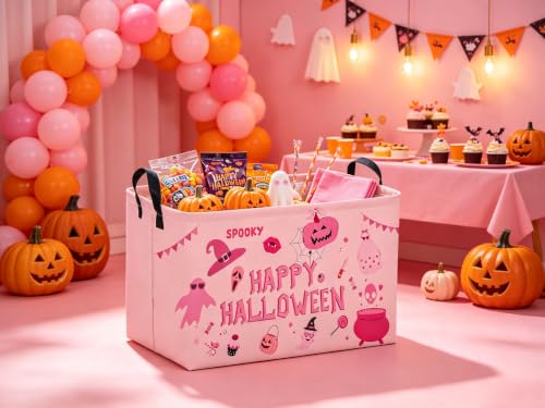 Image of Sanjiaofeng Rectangular Pink Halloween Ghost Storage Basket,Waterproof Foldable Storage Baskets,Trick or Treat Halloween Basket,Halloweens Party Candy Gift Baskets(Pink Ghost)