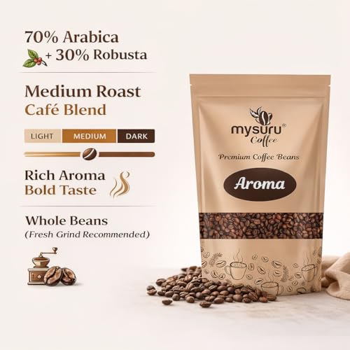 Image of Mysuru Coffee Premium Whole Roasted Beans [750g - AROMA] Pure Arabica - 70% | Robusta - 30% Cafe Blend Medium Roast Fresh Single Origin Coffee