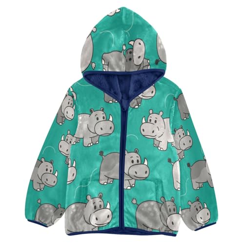 Repeating Hippo Design on Green Toddler Fleece Jacket Girl Boys Hooded Fleece Jacket Coat Warm Outwear Zip-up 3-10T