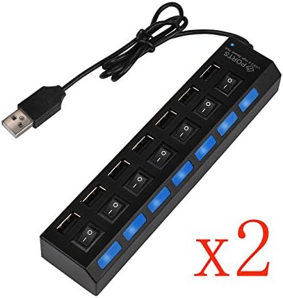 WishDeal 7 Port USB 2.0 Hub with Individual Power Switches and LEDs On Off Switch Design Slim Compact Lightweight Fast Communication