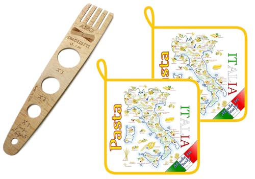 Kit cucina 3 pezzi Made in Italy, 2 presine in tela cotone 18x18 con disegno pasta italiana e dosa spaghetti in legno massello, Accessori utili, idea regalo cucina, prodotti tipici italiani, souvenir