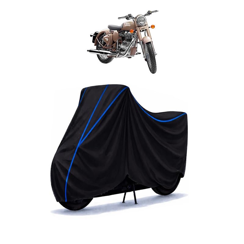 Image of Classic Desert Storm Bike Cover Water Resistant Universal Motorcycle Rain | Heavy Duty UV Protection, Dust, Scratch Indoor Outdoor All Weather with Black Blue Piping Elastic