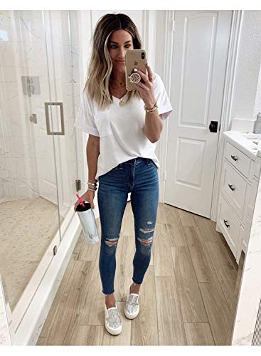 Miholl Women's Short Sleeve V-Neck Shirts Loose Casual Tee T-Shirt (White, Large) #TOP3