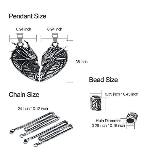 Matching Dragon Necklace Couples Viking Heart Necklace Jewelry for Men Women with Rune Beads3