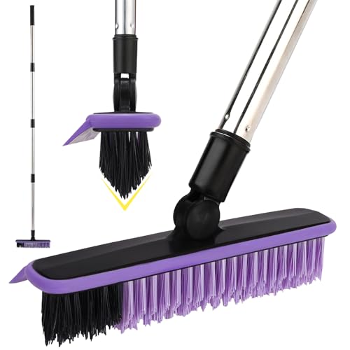 Grout Cleaner Brush with Long Handle V-Shaped Floor Scrub Brush Swivel Grout Brush Stiff Bristle Floor Grout Scrubber for Bathroom Tile Line Crevice Kitchen Wall Deck Garage (Purple)