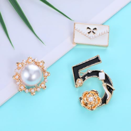 Image of Number Five Brooch, Celebrity Designer Inspired Flower Brooch Pin Gift Set, Lucky Number Five Brooches with Imitation Pearl Vintage Imitating Pearl Rhinestone Crystal Brooch Pin for Women for Wedding