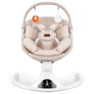 Baby Swing, Electric Infant Swing with Remote Control, 5 Speed Adjustable, Machine Washable Cushion, 5 Point Safety Harness, Bluetooth Music, Portable Baby Swing (Beige)