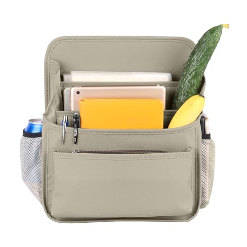 Image of Viaviat Front Seat Organizer Car Upholstery Leather Passenger Seat Storage Bag Large Durable Car Organizer with Adjustable Strap Multiple Compartments Mesh Bags Cup Holders (beige)