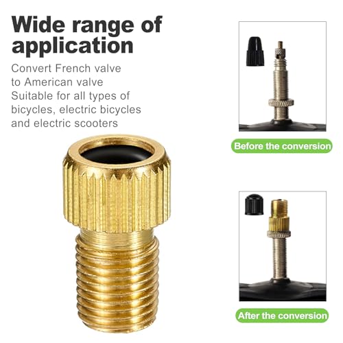 Image of Brass Presta Valve Adapter (Pack of 5 + 10 Caps) - Converts Presta to Schrader for Bicycle, e-Bike, e-Scooter Tires - Use with Standard Pump or Compressor - Bike Valve Adapter Kit