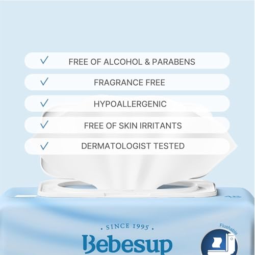 Image of BEBESUP- Korea's #1 Flushable Wipes- 100% Plant-Based Hypoallergenic Biodegradable 99% Water-Based Extra-Thick Organic Wipes Unscented for sensitive skin Flip-Top (1 Pack)