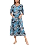 Rubehoow Women's Summer Bathrobe Old Fashioned Floral Half Sleeve Zip Front Duster Robe with Pockets Plus Size(Blue Palm,3XL)