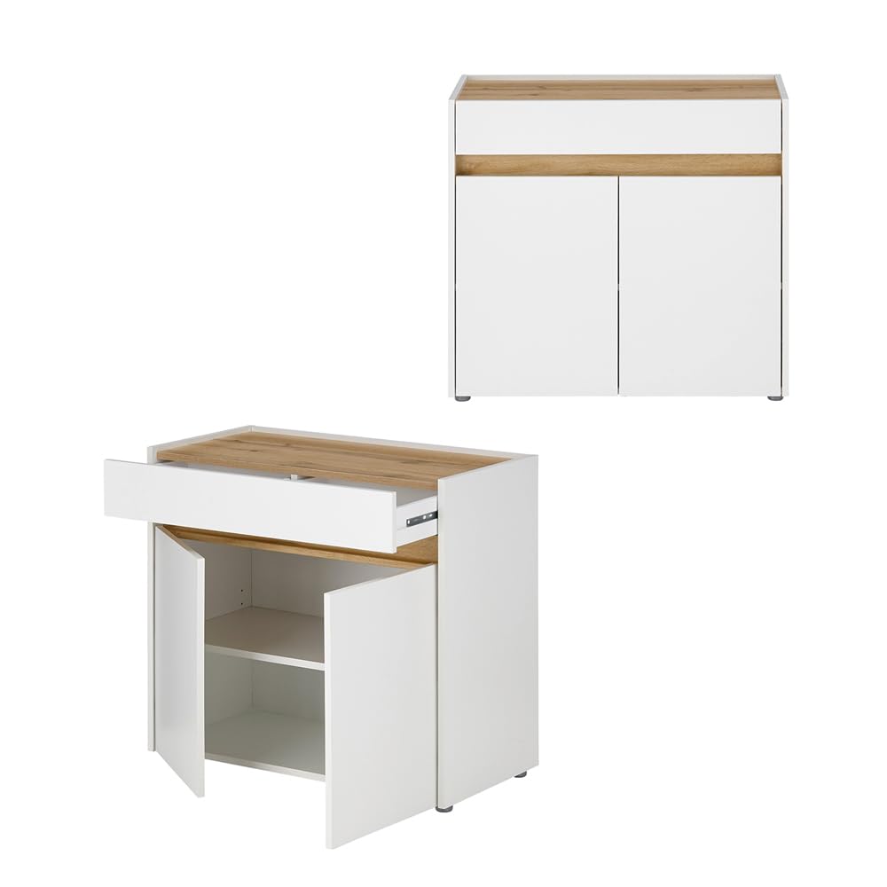Lomadox Büromöbel Set weiß mit Eiche 3-teilig modern Schreibtisch Kommode Regal