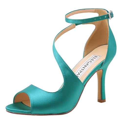 Image of ELEGANTPARK High Heel Sandals for Women, Satin Strappy Wedding Dress Shoes | Adjustable Buckle, 3.5 inch Peep Toe Shoes for Bride, Wedding Guest, Bridal Reception, Evening Party, Prom and Formal Event