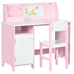 HOMCOM Juego de Mesa y Silla Infantil de Madera con Pizarra Blanca Mesa de Estudio para Niños de +5 Años Mueble Escritorio Infantil 90x45x85 cm Rosa