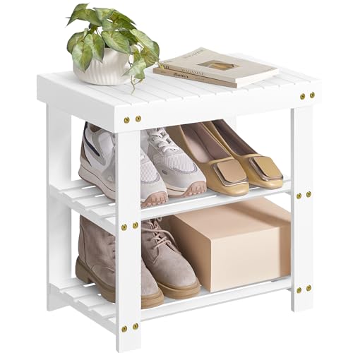 Image of SONGMICS Shoe Rack Bench, 3-Tier Bamboo Shoe Storage Organizer, Entryway Bench, Holds Up to 286 lb, 11.3 x 19.7 x 17.8 Inches, for Entryway Bathroom Bedroom, Cloud White ULBS001W01