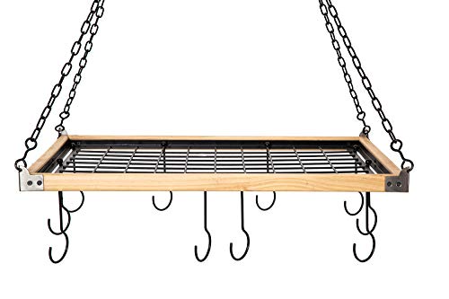 Soduku Pot Pan Rack With Shelf Grid, Ceiling Mounted Hanging Multi-Purpose Wood & Metal Cookware Hanger Organizer Kitchen Storage With 10 Hooks #TOP5