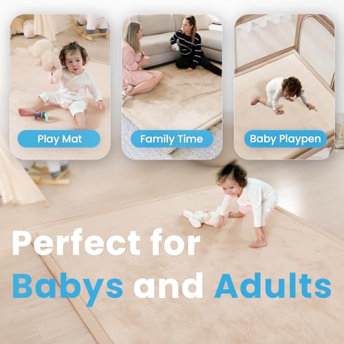 Image of 1.3 inch Thick Baby Floor Play Mat, 59x79 Padded Foam Tummy Time Crawling Mat, Non-Slip Water-Repellent Soft Plush Nursey Area Rug for Playroom Bedroom Living Room (Beige)