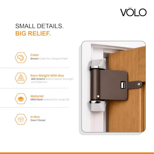 Image of VOLO Door Closer | Heavy Duty Automatic Door Closer | Adjustable Door Speed for Home Office Hotel & Commercial Doors | 1 Year Warranty | (Helix Brown | 40 Kg Capacity | Spring)