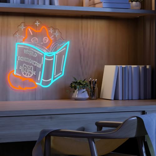 Image of Books and Cat Neon Sign, Fox Reading Sign 3D Carving Led Light, Funny Cat Read Book Decoration, Library Wall Art, Book Store Decor, Gift For Kid, 14.6 inchx13 inch