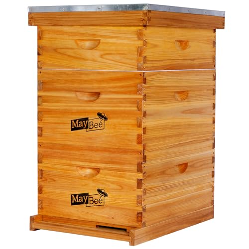 10-Frame Langstroth Beehive Dipped in 100% Beeswax Complete Bee Hives and Supplies Starter Kit Includes 2 Deep Hive Bee Boxes and 1 Bee Hive Super with Beehive Frames and Foundations