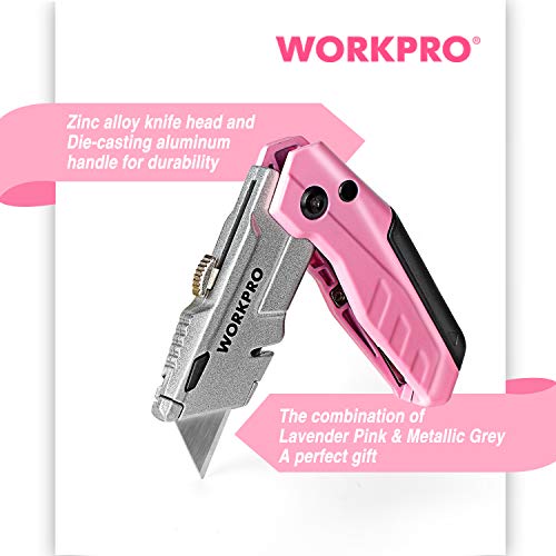 image for WORKPRO Folding Utility Knife, Quick-Change Pink Box Cutter with Blade