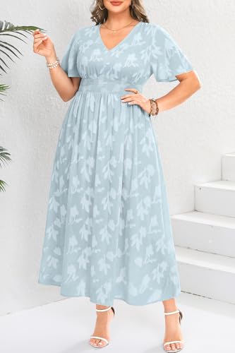 Image of Pinup Fashion Plus Size Wedding Guest Chiffon Semi Formal Maxi Dress | Chiffon, V-neckline, short sleeves, shirred waist, textured floral pattern, maxi length, versatile for all seasons