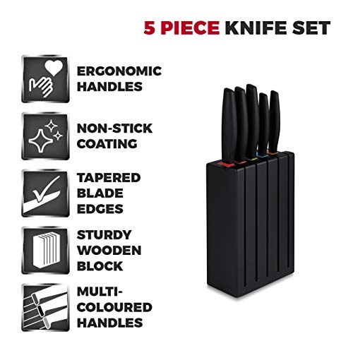 Tower-T851034BLK-5-Piece-Knife-Set-with-Paring-KnifeUtility-KnifeSlicing-KnifeBread-KnifeChef-Knife-and-Wooden-Block-Black