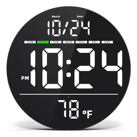 Digital Wall Clock with Large LED Display, Auto-Brightness, Temperature, Low-Reflectivity, Small Silent Non-Ticking Modern Electric Wall Clock for Bedroom, Living Room, Office, Classroom, Farmhouse
