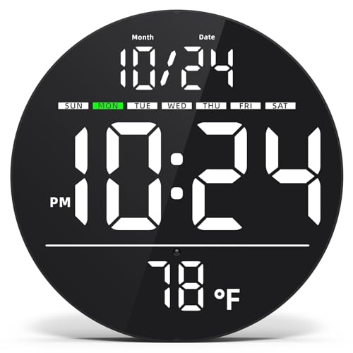 Digital Wall Clock with Large LED Display, Date, Temperature, Auto-Brightness | Small [PLUG-IN] Clock | Modern Electric Wall Clock for Bedroom, Classroom, Living Room, Home, Office, Farmhouse – White