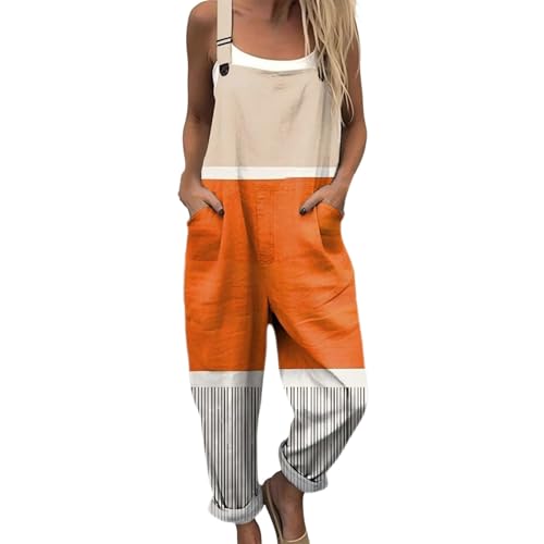 Salopette d'été femme coton et lin, pantalon de travail large, combinaison longue imprimée légère