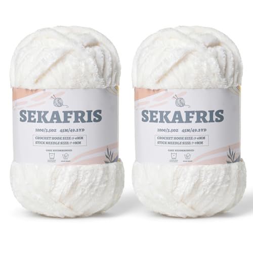 Image of Chenille Velvet Soft Yarn White 2 Pack | 200g /98.4yds Fuzzy Chunky Chenille Yarn for Crocheting Plush Yarn for Hand Knitting Amigurumi Fluffy Yarn