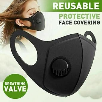 2‑Pack Reusable & Washable Black Face Masks with Breathing Valve – Soft Padded Polycotton Fabric Face Coverings with Filter – Breathable, Comfortable Airflow Protection (Pack of 2)