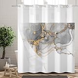Ttincceer Duschvorhang ohne Haken mit einknöpfbarer Innenfolie, transparentes Netzgewebe, grau-braune Luxus-Marmoroptik, doppellagig, wasserdicht, abwaschbar, 180x213cm