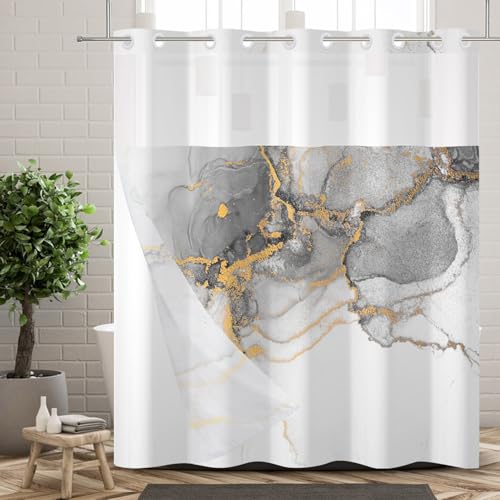 Ttincceer Duschvorhang ohne Haken mit einknöpfbarer Innenfolie, transparentes Netzgewebe, grau-braune Luxus-Marmoroptik, doppellagig, wasserdicht, abwaschbar, 180x213cm