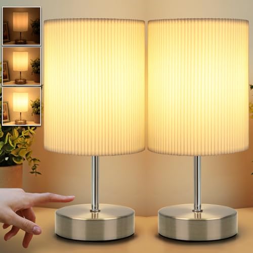 HSLighting Touch Control Bedside Lamps, Table Lamp with Metal Base 3-Way Brightness Changing Dimmable LED Light Bulbs Desk Lamp Night Light for Bedroom Living Room (Metal Base-Silver-2pack)